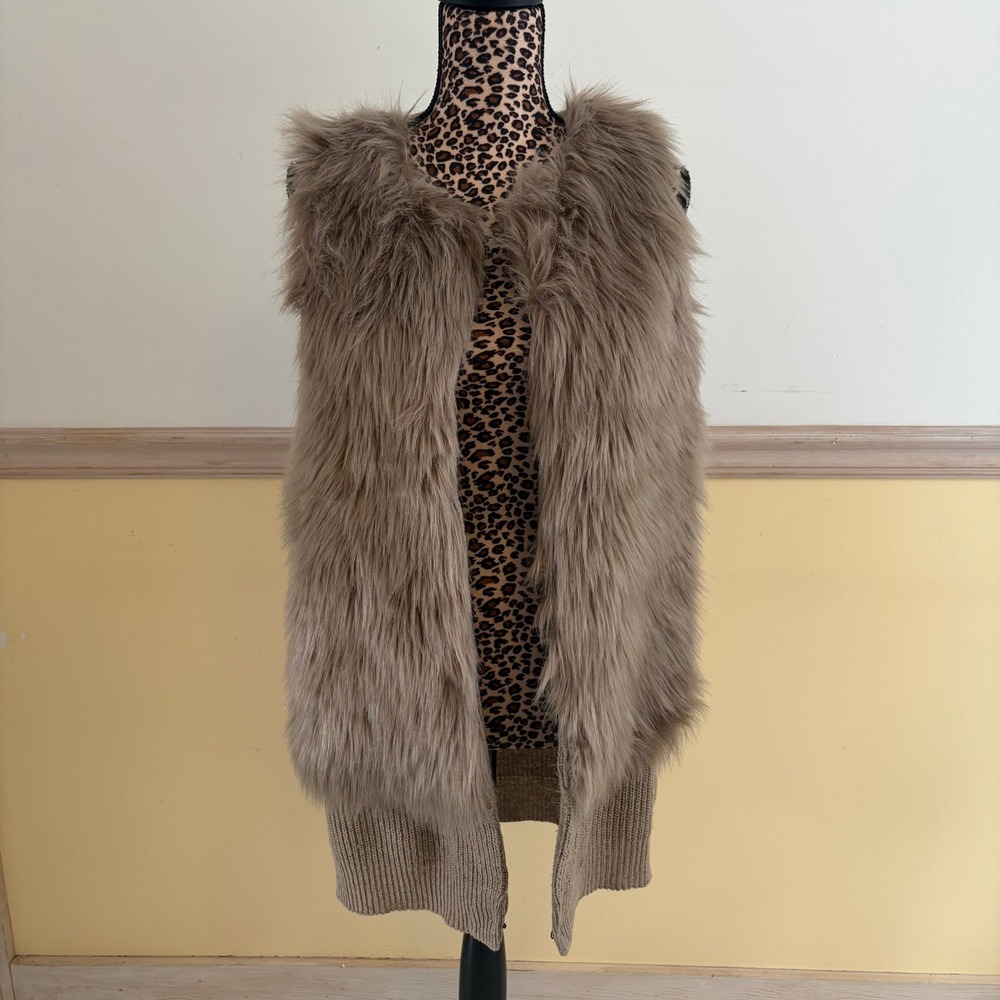 Cliche Couture Womens Faux Fur Front Knit Back Longline Vest Taupe Wool Mix Sz S - Picture 3 of 5